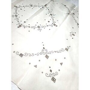 Vintage EUC Embroidered Tablecloth 32"x32" Square Beige & Cream Scroll